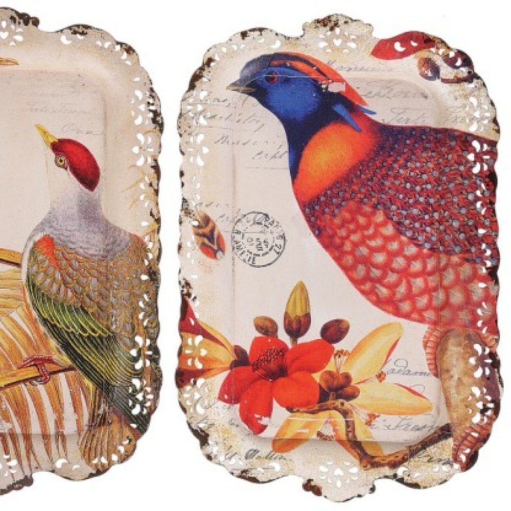 Vintage Painted Metal Trays with Colorful Birds